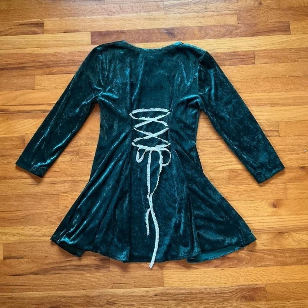 Vintage 90s Green Velvet Mini Skater Dress Size Medium Laceup Back Whimsy Preppy - Picture 3 of 4
